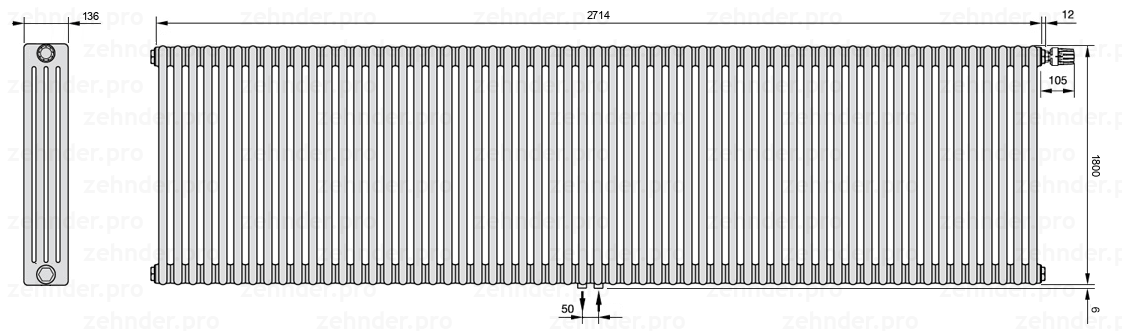 Схема (чертеж) Радиатор Zehnder Charleston 4180/59 №V008 Белый глянцевый RAL 9016